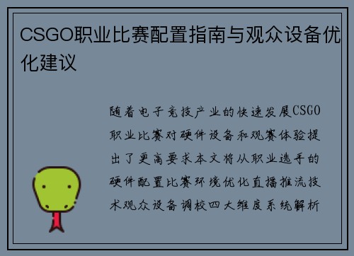 CSGO职业比赛配置指南与观众设备优化建议